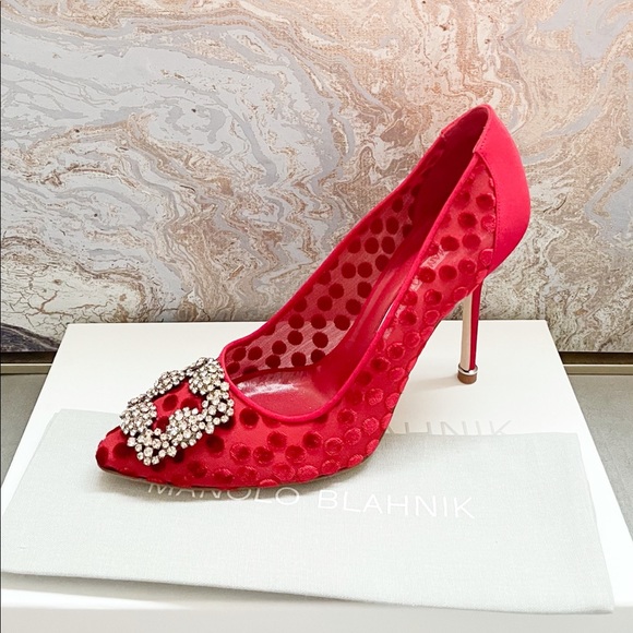 New! Manolo Blahnik Hangisi Red Jewel Buckle Pumps - Picture 2 of 11